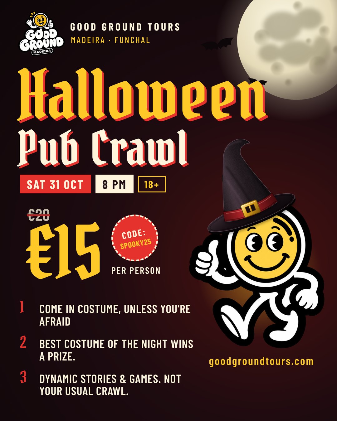 Halloween Pub Crawl in Funchal, Saturday 31 October, 8 PM, 18+, 15 euros per person with code SPOOKY25