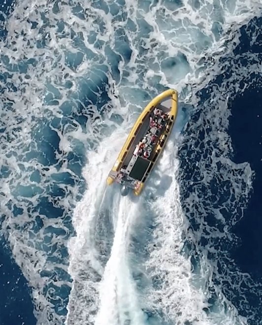 Aerial view of a yellow semi-rigid speedboat at speed off Madeira